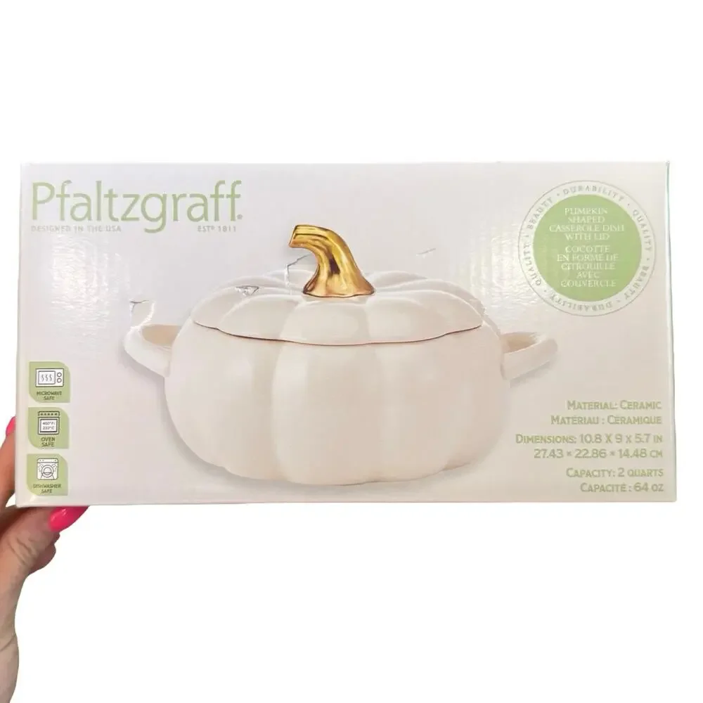 Pfaltzgraff White Pumpkin Casserole Dish Stoneware Cream Gold Stem NEW in Box